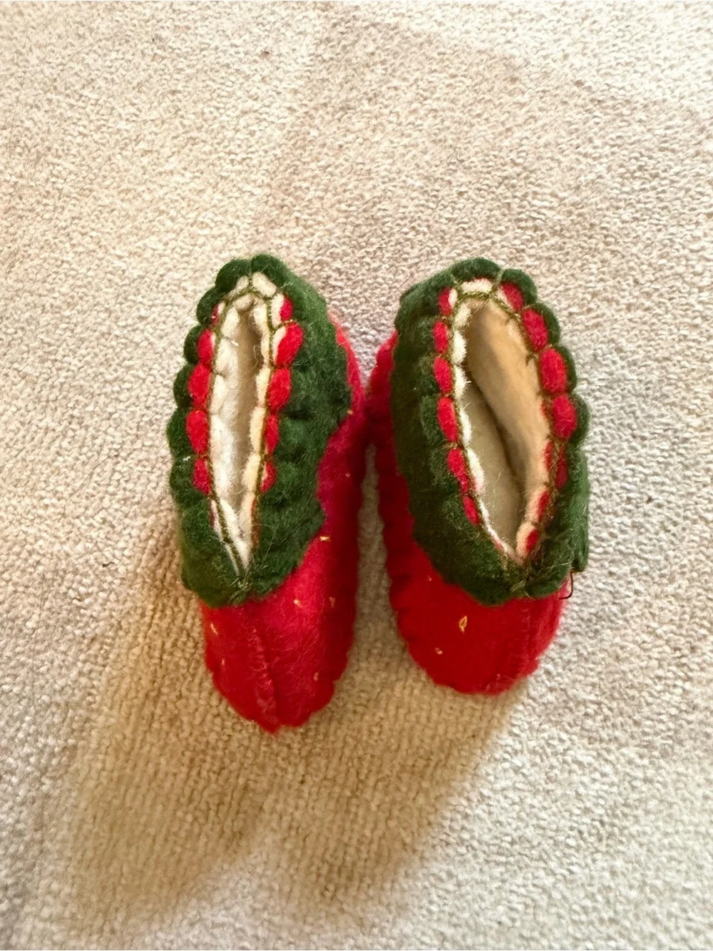 Kids Strawberry Knit Slippers in Red with Green Trim
